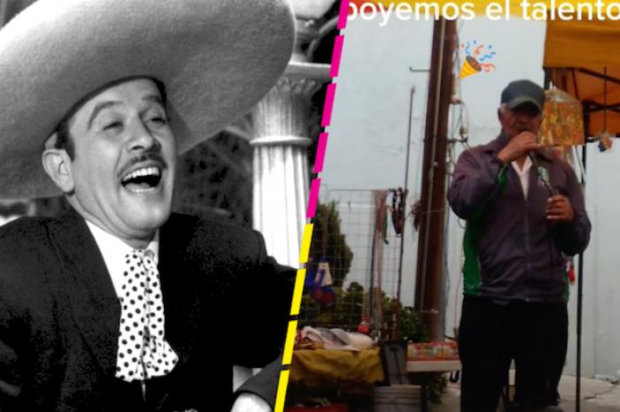 Abuelito es viral en redes por cantar igual que Pedro Infante en tianguis