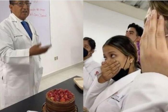 Alumnos le regalan pastel de cumpleaños a su profesor, es diabético