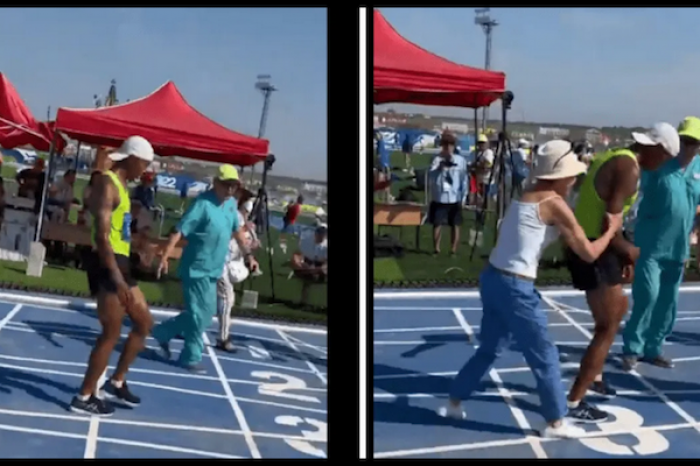 Atleta sufre mareos en la recta final de carrera y su madre entra a la pista para ayudarlo