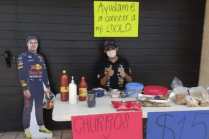 Niño vende churros para poder ver carrera del Checo Pérez