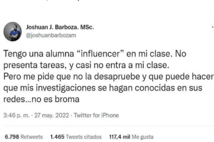 Alumna influencer le ofrece a su maestro darlo a conocer en redes para que no la repruebe