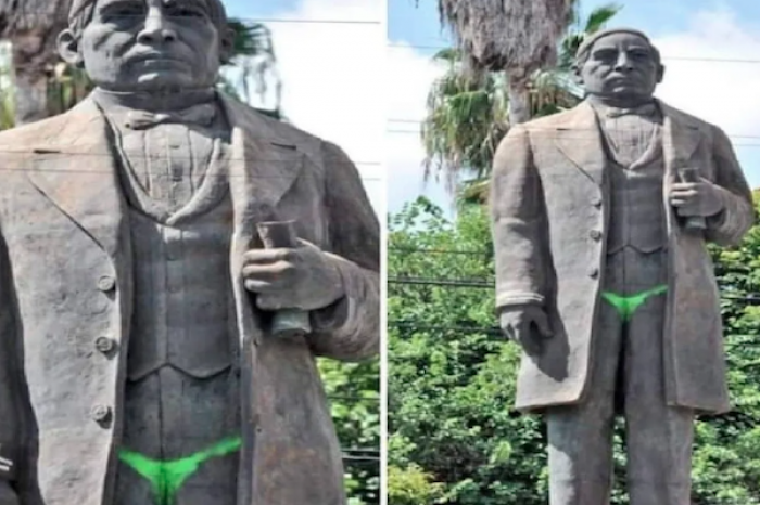 Estatua de Benito Juárez fue decorada con graffiti en forma de una tanga verde en Cuernavaca