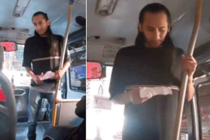 Ladrón lee guión durante asalto en autobús