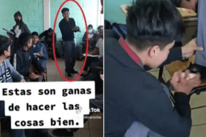 Estudiante de colegio lustra los zapatos de sus compañeros para ganar dinero