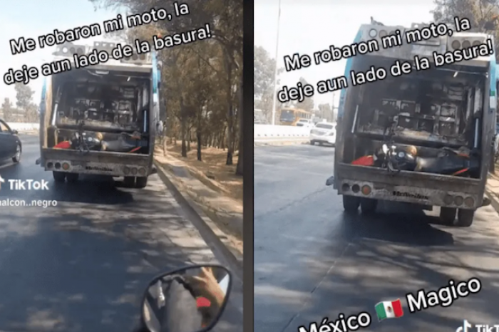 Camión de basura se lleva motocicleta de hombre y se desata una persecución