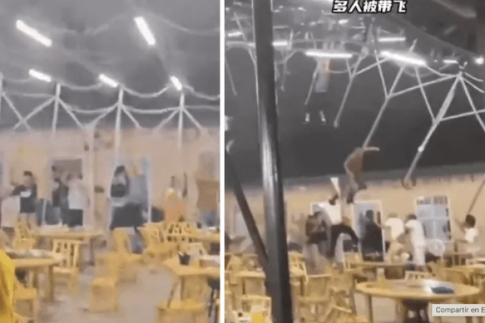 Fuertes vientos lanzan por los aires a personas en un restaurante en China