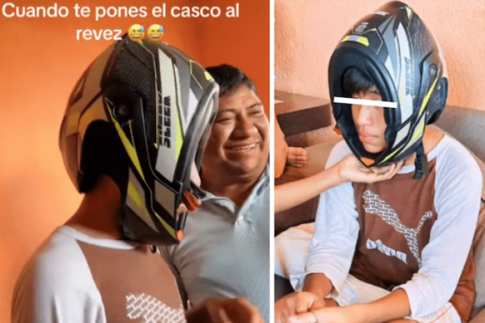 “Hay personas bien extrañas” Joven se pone casco de moto al revés