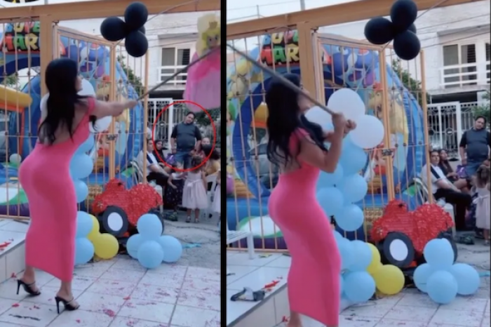 Madrina roba miradas en fiesta infantil al darle a la piñata: 