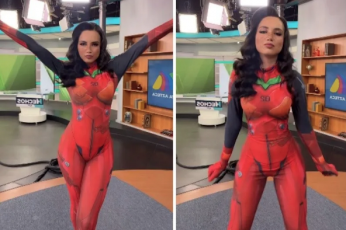 Presentadora sorprende al dar el pronóstico del clima con un cosplay de Asuka de Evangelion