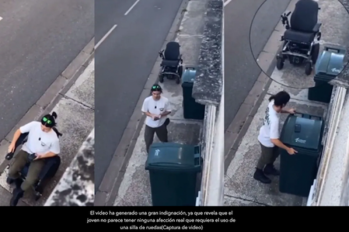 Joven se levanta de su silla de ruedas para vaciar un cesto de basura