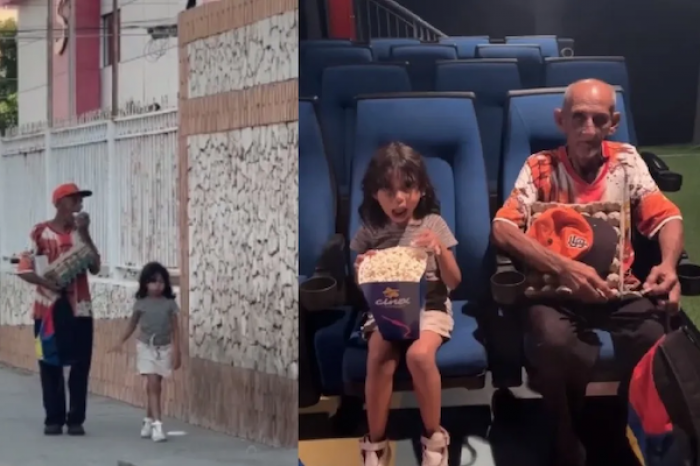 Abuelito y nieta de escasos recursos visitan el cine por primera vez 