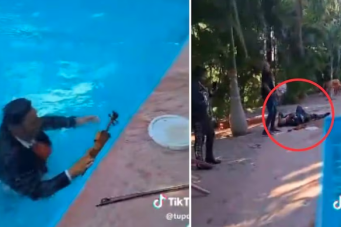 Mariachi termina en la piscina durante actuación en fiesta sorpresa