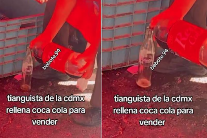  Tianguista exhibido rellenando botellas de refresco retornable