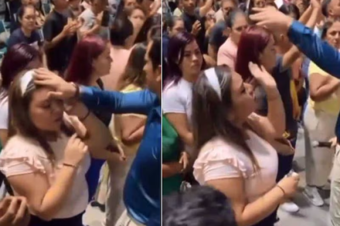 Mujer y pastor pelean en plena oración