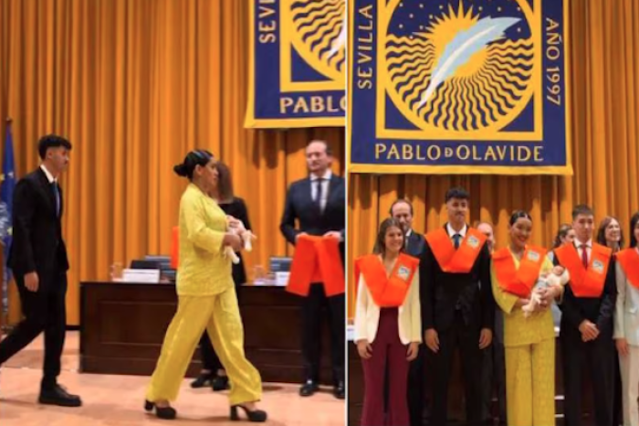 Joven asiste a su graduación universitaria acompañada de su recién nacido