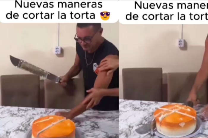 Parte su pastel de cumpleaños con un machete frente a todos