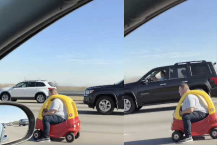 Captan a hombre manejando un carro de juguete en plena carretera