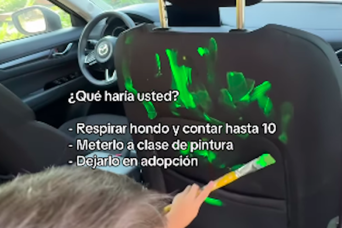 Niño convierte el asiento trasero del auto en lienzo con pintura verde; así reaccionó su padre