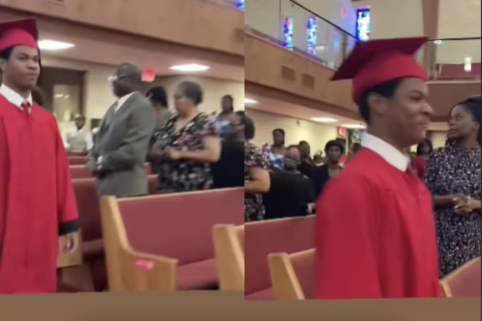 Madre presume la graduación de su hijo llevándolo a la iglesia con toga y birrete