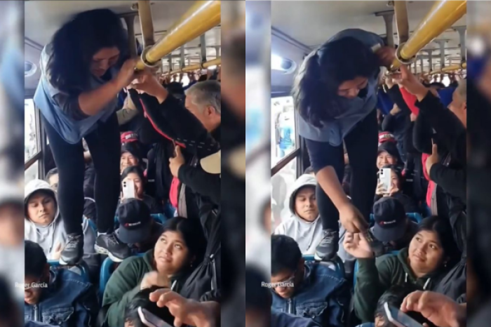 Conductora de autobús trepa sobre asientos para poder cobrar